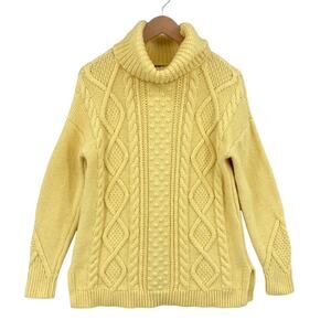 Lands' End Sweater Womens Medium Yellow Cable Knit Cotton Long Sleeve Turtleneck